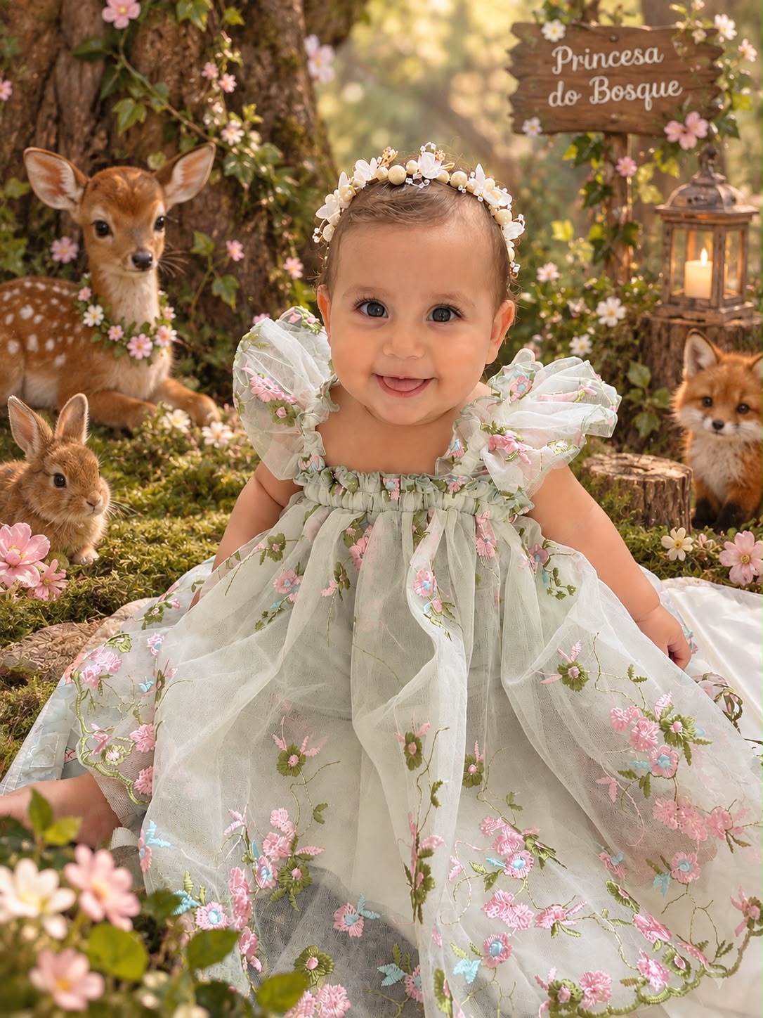 Cecília sorrindo em um cenário de bosque com flores, cervinho, coelho e raposa